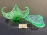 Pair of Art Glass Bowls, Pale Green, & Unique Pulled Glass Murano Style Bowl, Deep Clear Green