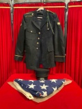 3 pcs Vintage Military Textiles. Lancaster Hat, Military Jacket & Folded American Flag. See pics.