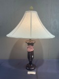 Vintage Lamp w/ Pottery Base, multicolor w/ Pink Flower, 29 inches tall, tested & working