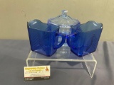 Pair of Hazel Atlas Cobalt Creamers, & Blue Depression Glass Lidded Dish, 6 inches wide