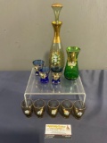 Czech/Bohemian Handpainted Glass Cordial Decanters & Shot Glasses, 10 pieces