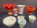 7 Art Deco Art Glass LE SMITH & Akro Agro Bowls, Planters & Vases, White w/ Color & Sunset pattern