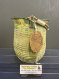 Signed Handmade & Painted Pottery Jar w/ Braided Jute Handle, Yellow/Green, 8 inches tall