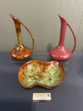 Three pieces of Dryden Pottery, Pair of 12 inch Pitcher/Ewers & Two Chamber Bowl, Vibrant Colors