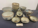 Tonala Mexican Stoneware Pottery China Bowls, 4 Handled Bowls, Blue Bird Pattern, 12 pieces