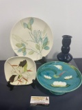 Pair of Red Wing Plates, Antique Majolica German Footed Bowl & Dryden Cobalt Vase