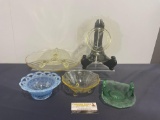 5 Depression Glass Pieces, 3 Yellow, Plate, footed cake plate & Bowl, 1 Pale Blue Bowl, 1 Green D...