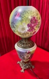 Vintage Green Hurricane Lamp w/ Painted Flowers. Very Good Condition. Tested, Works. See pics.