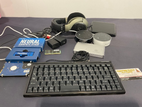 Sennheiser HD595 Headphones, Movidius Neural Compute Stick, Gearhead keyboard, 2 Amazon Echos & m...