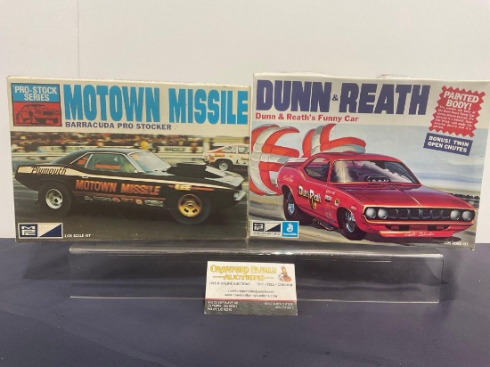 Pair of MPC Model Car Kits, 1:25 Scale, Dunn & Reath Funny Car & Motown Missile Barracuda ProStoc...