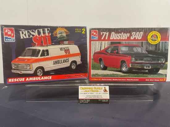 Pair of AMT Model Car Kits, 1:25 Scale, Rescue Ambulance & 1971 Duster 340, Sealed in plastic