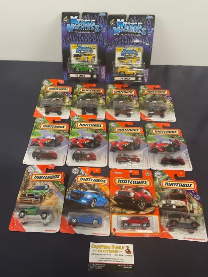 Set of 12 Matchbox Diecast Cars & pair of Muscle Machines, Variety of Cars + Polaris Slingshot & ...