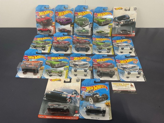 Set of 17 Hot Wheels Diecast Cars, Dodge Ram, Plymouth, Volvo & Willys Jeeps & more
