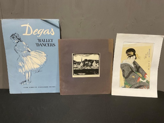 Asst Lithograph Prints, unframed, Degas Ballet Dancers 4 pcs, Linoprint Village Scene & Japanese