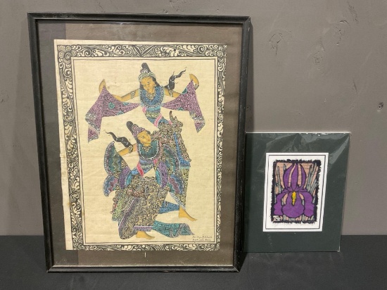 2 Batik Prints, Larger Bali Dancers w/ Frame of patterns & Iris Signed piece by Toni Spencer