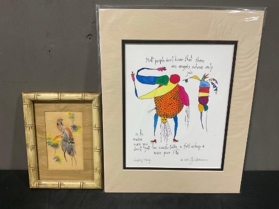 Pair of Art Pieces, Framed Feather Art & Angels of Mercy by G. Andreas Lithograph, 11 x 15 inches