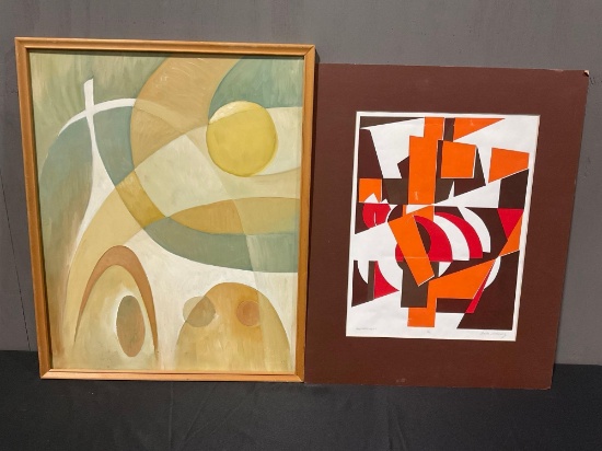 2 Abstract Art Pieces, Signed Litho, Apportionment by Linda Schwarz & 1x Framed w/ calming colors