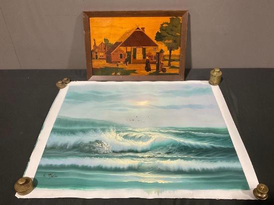 Unframed Oil on Canvas by K. Taylor of Ocean Waves & Framed Marquetry piece of Colonial Village