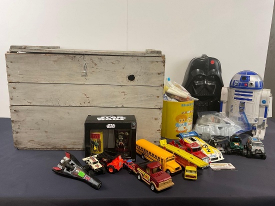 Assorted Toys, Star Wars Pint Glasses & Vader & R2 containers, Die Cast Cars, Doll Accessories