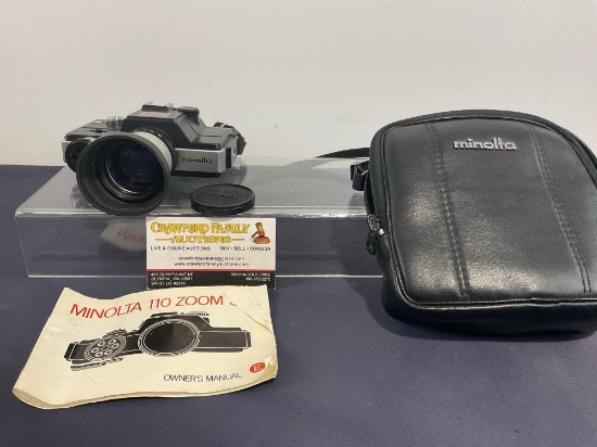 Minolta 110 Zoom Film Camera w/ Case & Manual, Minolta Rokkor 1:4.5 F=25-50mm Zoom Lens