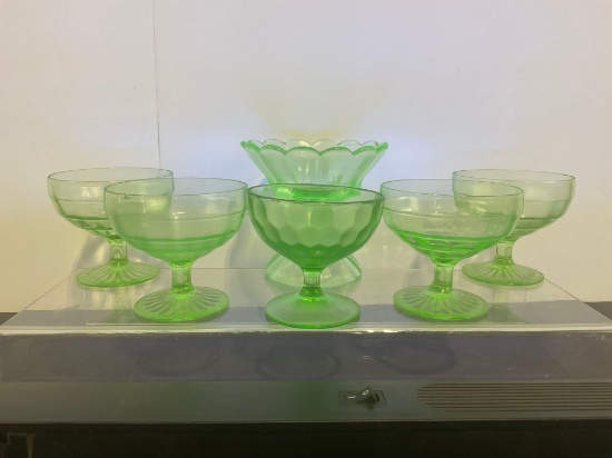 6 Vaseline Glass Dessert Cups, various brands, approx 4 & 5 inches tall