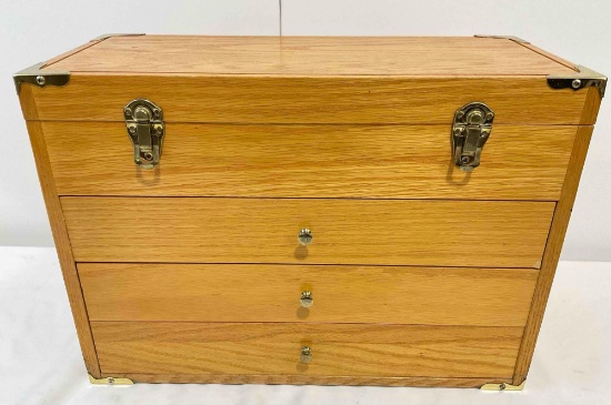 Handsome Wooden Tool Box w/ Contents. Pliers, Tweezers, Nut Drivers & More. See pics.