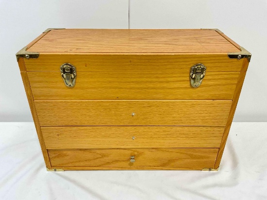 Handsome Wooden Tool Box w/ Contents. Vintage Gold Seal Microscope Slides & More. See pics.
