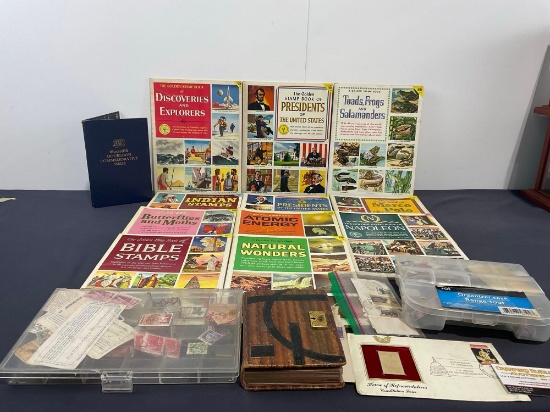 11 Golden Stamp Books, pair of Organizers, Brasher Doubloon Commem. Issue & Handwritten notebook