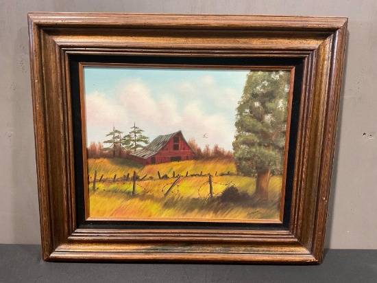 Framed Oil on Canvas, signed by Roseann 81, Dilapidated Barnyard Scene, 22.5h x 26.5w x 2d inches