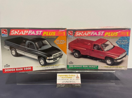 Pair of Car Model Kits, 1:24 Scale, AMT Snapfast Plus, Dodge Rams, 1996 Dually & 2500