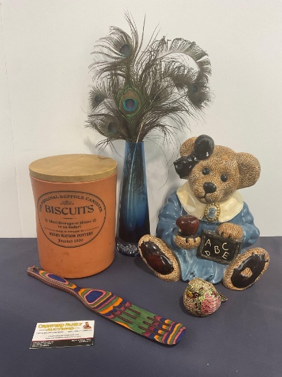 Suffolk Biscuit Canister, Murano Style Vase, Boyds Bears Cookie Jar, Multicolor Wooden Spatula
