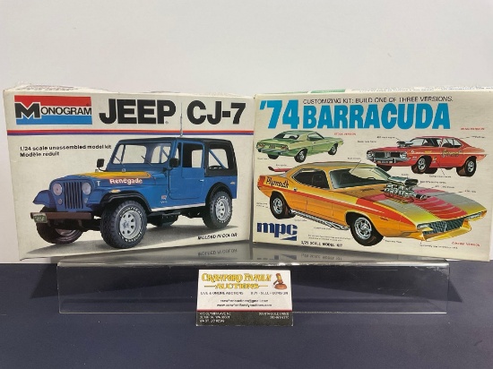 Pair of Vintage & rare Car Model Kits, 1:24 Scale MPC 1974 Barracuda & Monogram Jeep CJ-7