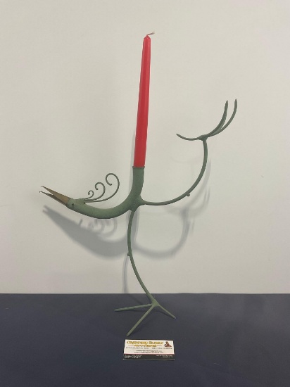 Verdigris Green Wrought Metal Candleholder, Unique Bird Shape, 22h x 14w x 4d inches