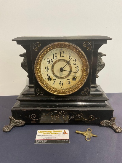 Antique Ansonia Mantel Clock Time Strike Chime, Painted Wood & Cast Iron & Gilt Details, 10h x 14w