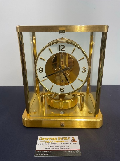 Atmos Jaeger-LeCoultre Mantel Clock, Brass & Glass Construction, 9 inches tall