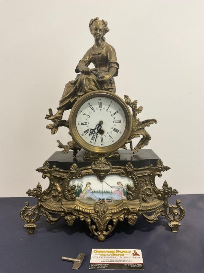 Modern Repro French Ormolu & Marble Mantel Clock, 17 inches tall