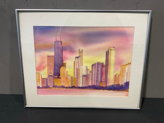 Framed Gorgeous Sunset Chicago Skyline Watercolor by Carol Keene 1994, 17h x 21w inches