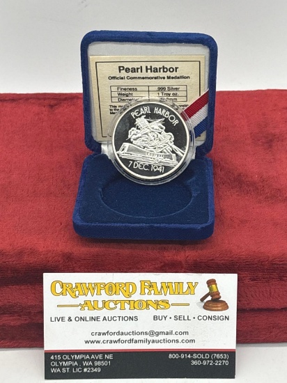 Pearl Harbor .999 Silver Commemorative 1 OZ round w/ COA & Case nice coin