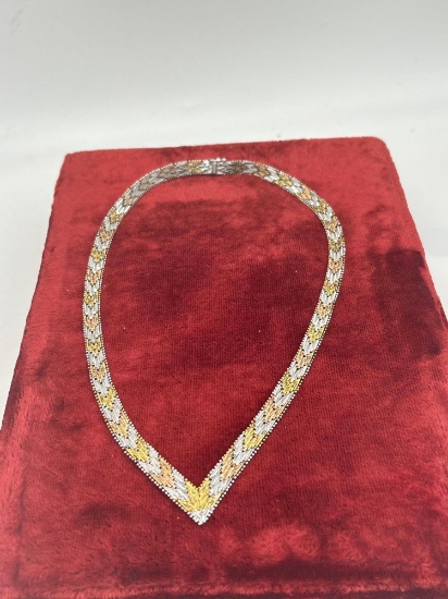 Very Attractive Italian Made Sterling Silver Bi-Color Basket weave V Necklace