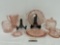 Collection of Pink Depression Glass, Pitcher, Lidded Jars, Serving Plates, & more