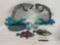 Pair of Stained Glass Fish, 1 missing base, Glazed Pottery Fish Wall Hangings, Glass Fishing Floats