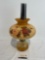 Vintage Hurricane Lamp, Glass Base, Rose patterned pale orange shade, 20.5h x 11.5d inches