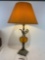 Vintage Brass Cherub & Amber Glass Table Lamp, 32 inches tall, shade is 18 inches in diameter