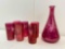 7 pcs Vintage Cranberry Glass Etched w/ Leaves Assortment. 6 Cups & 1 Decanter. See pics.