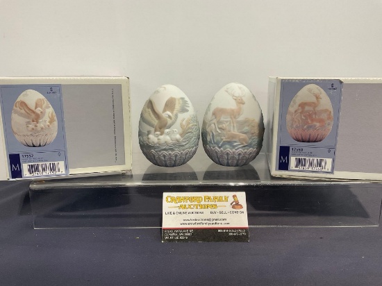 Pair of Vintage LLADRO Limited Edition Eggs, #17550 & 17552, 1996 & 1997 Deer & Eagle design