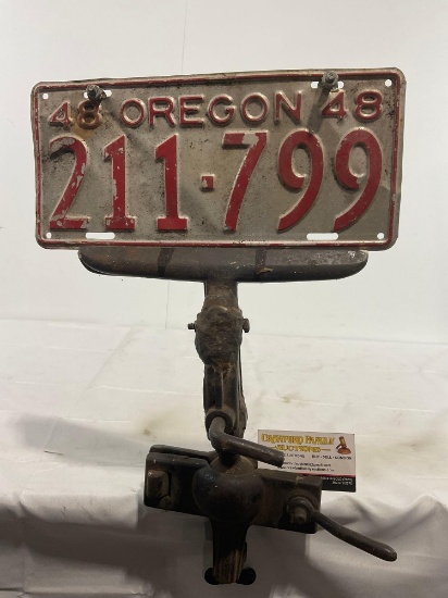 Vintage Oregon License Plate 1948 on Cast Iron Clamp, possibly old vehicle accessory