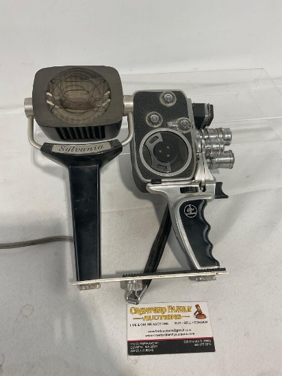 Vintage 1959 Bolex Paillard D8L 8mm Motion Film Camera, Sylvania Sun Gun Movie Light SG-1