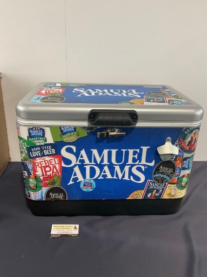54 Qt Steel Belted Coleman Cooler, new in box, Samuel Adams branded w/ bottle opener