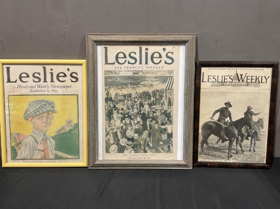 Three Framed Antique Leslies Magazines, 1898, 1912 & 1915, Turn of the century