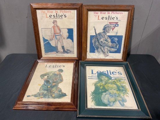 Four Framed Antique Leslies Magazines, WWI Era, 1918 & 1920